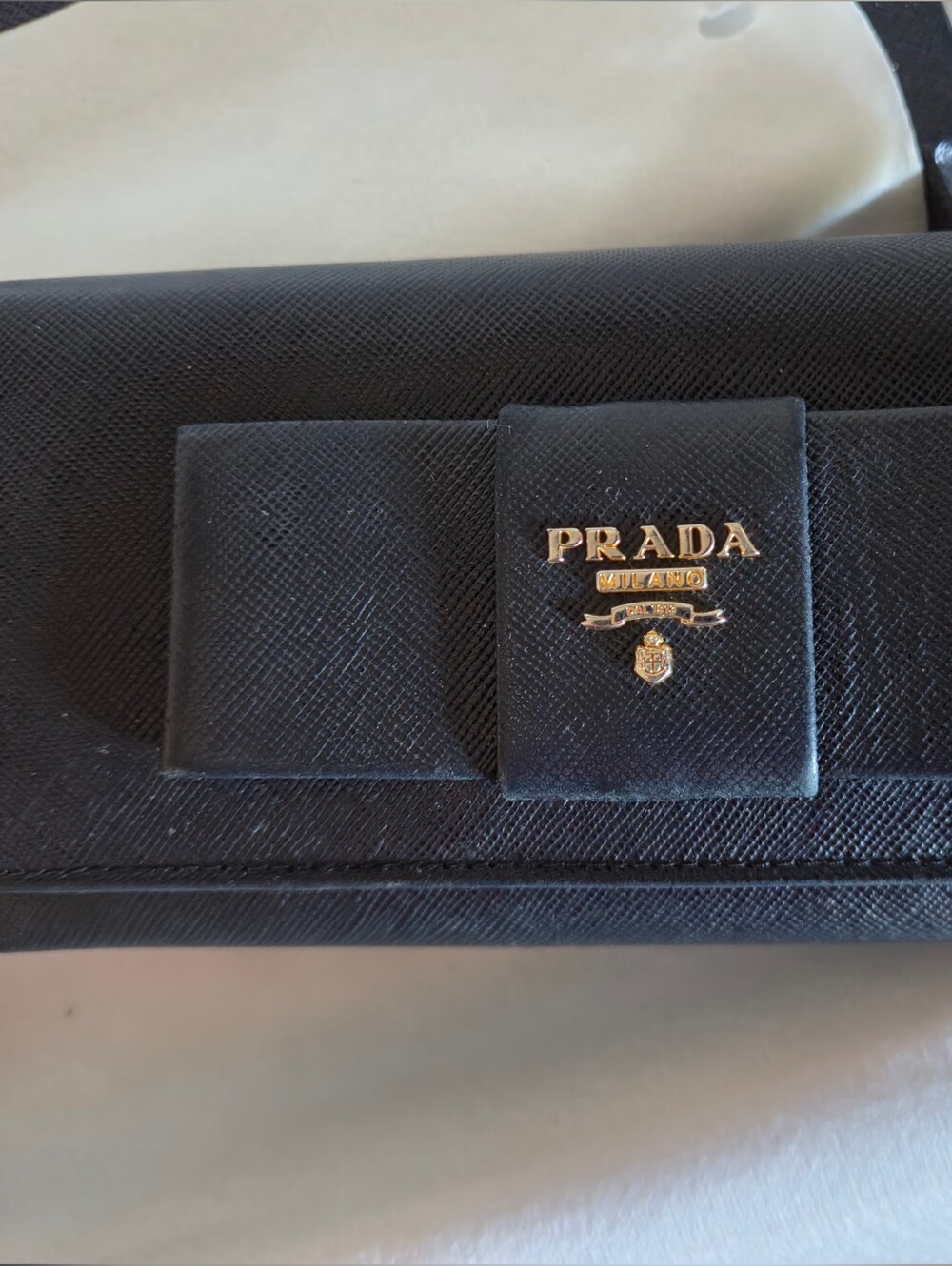 Prada Black Wallet with Gold Logo Bow Detail